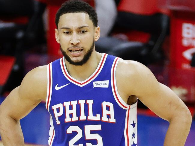 PHILADELPHIA, PENNSYLVANIA - MARCH 01: Ben Simmons #25 of the Philadelphia 76ers calls to teammates during the third quarter against the Indiana Pacers at Wells Fargo Center on March 01, 2021 in Philadelphia, Pennsylvania. NOTE TO USER: User expressly acknowledges and agrees that, by downloading and or using this photograph, User is consenting to the terms and conditions of the Getty Images License Agreement.   Tim Nwachukwu/Getty Images/AFP == FOR NEWSPAPERS, INTERNET, TELCOS & TELEVISION USE ONLY ==