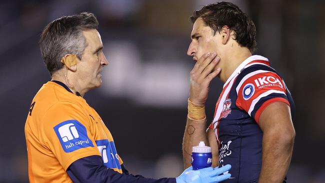 Billy Smith after suffering a broken jaw against the Sharks. Picture: Mark Metcalfe/Getty Images