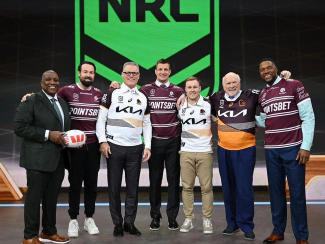 NRL players Aaron Woods and Billy Walters with Gronkowski (centre) and the rest of the Fox Sports NFL team in Los Angeles. Picture: NRL Images