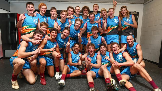 MELBOURNE, AUSTRALIA - JULY 09: The Allies celebrate with the cup after winning the National Championships following their victory in the 2023 AFL National Championships match between Vic Country and the Allies at RSEA Park on July 09, 2023 in Melbourne, Australia. (Photo by Graham Denholm/AFL Photos via Getty Images)