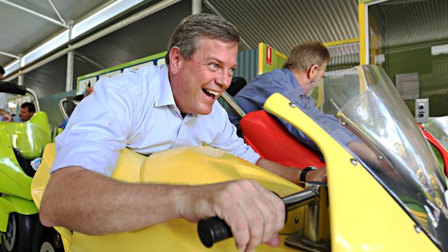 LNP Leader Tim Nicholls enjoying a ride at Dreamworld. Pic Annette Dew