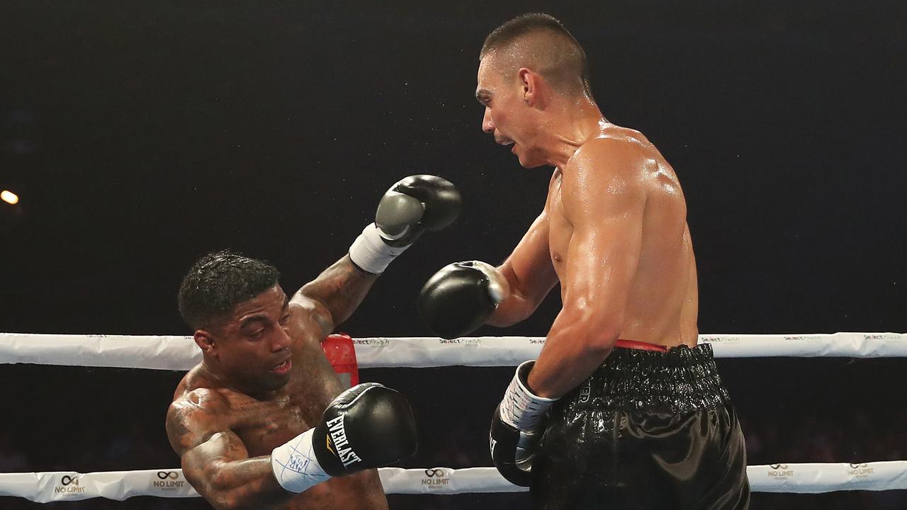 Tim Tszyu wins his fight against Denton Vessell during the Star of the Ring boxing night at the Horden Pavilion, Sydney. Picture: Brett Costello