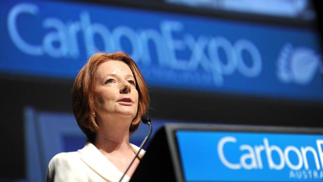 2011: Then-Prime Minister Julia Gillard delivers a speech during the Carbon Expo Australasia in Melbourne. Picture: AFP PHOTO / WILLIAM WEST