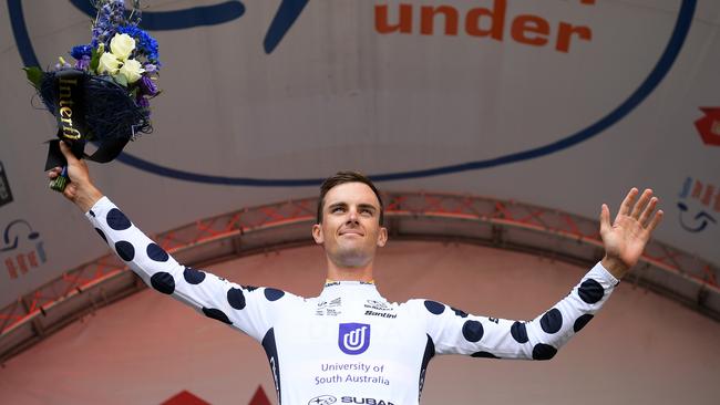 Jason Lea of Australia and Team UniSA-Australia celebrates in the KOM jersey after Stage 5 from Glenelg to Strathalbyn. Picture: Daniel Kalisz/Getty Images