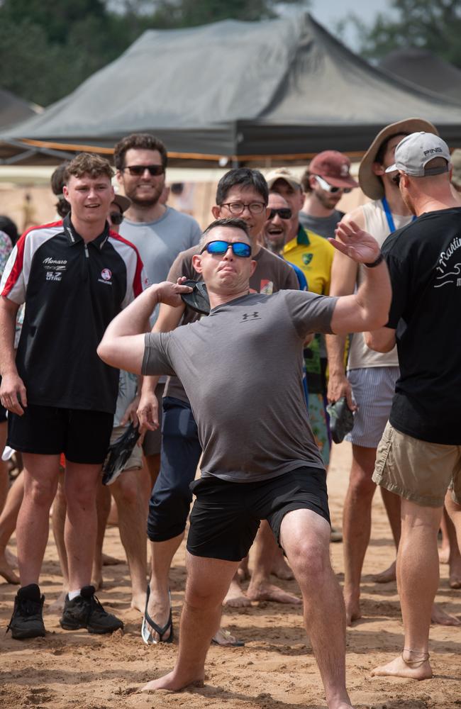 Judah Begab in Men’s Slappa’s Thong Throw at the Darwin Beer Can Regatta at Mindil Beach, 2023. Picture: Pema Tamang Pakhrin