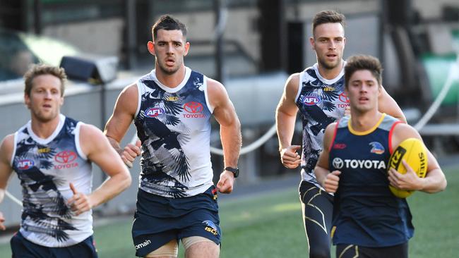 Brodie Smith, third from left, during a recent Crows training session. Picture: AAP