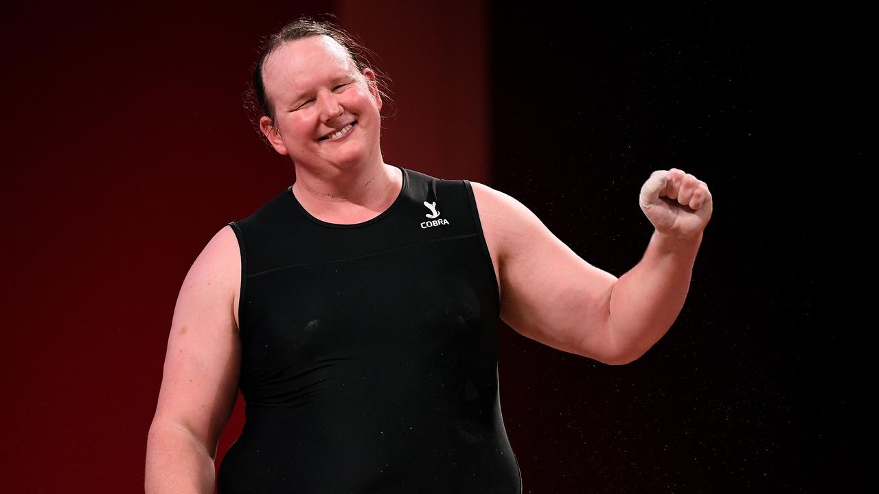 New Zealands Laurel Hubbard, the first transgender Olympian, smiles to the small crowd after failing to advance in the women's 87kg weightlifting final at the 2020 Tokyo Olympics. Picture: Wally Skalij /Los Angeles Times via Getty Images