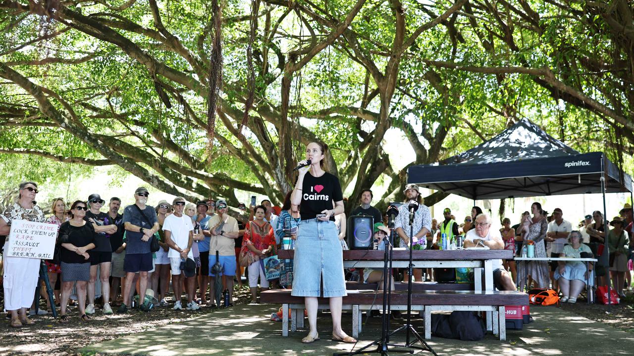 Cairns Mayor Amy Eden addresses the crowd at the Rally for Justice protest, organised in response to the sickening crime of an alleged gang rape of a woman at knifepoint in her own home on Friday, February 21. Picture: Brendan Radke