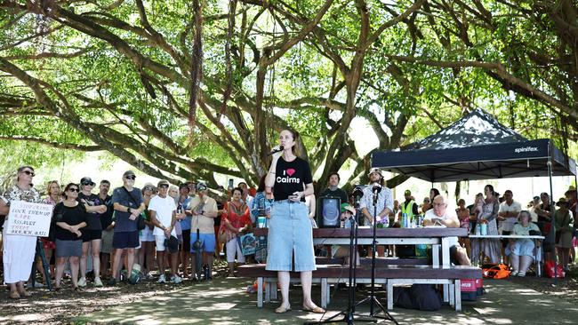 Cairns Mayor Amy Eden addresses the crowd at the Rally for Justice protest, organised in response to the sickening crime of an alleged gang rape of a woman at knifepoint in her own home on Friday, February 21. Picture: Brendan Radke