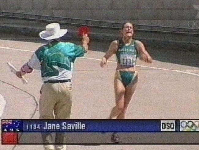 The heartbreaking moment Jane Saville is disqualified by the head judge as she is about to enter Stadium Australia.  Picture: Courtesy Channel Seven.