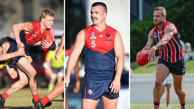 Surfers Paradise players Ben Woodburn and Mitch Pattern. Wilston Grange captain Kailem Baker. Pictures: Highflyer Images and Clyde Scorgie/Brooke Sleep Media.