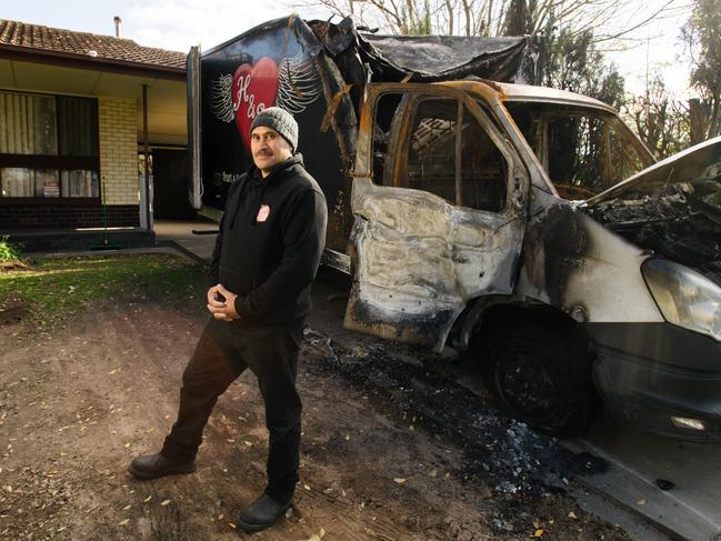 Patrick Dixon, volunteer and driver for food charity Heart and Soul Community Group recently had one of their food trucks torched in Adelaide, Thursday, July 4, 2019. (AAP Image/ Morgan Sette)