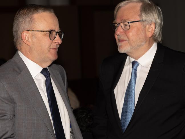 CANBERRA, AUSTRALIA - NewsWire Photos FEBRUARY 13, 2023: Prime Minister Anthony Albanese with former Prime Minister, Dr Kevin Rudd at the National Apology Anniversary breakfast. The National Apology Anniversary breakfast with survivors of the Stolen Generations In the Great Hall, Parliament House Canberra.Speakers include:Deputy Prime Minister, Richard Marles,Minister for Indigenous Australians, Linda Burney;  Former Prime Minister, Dr Kevin RuddTJ Mia, Noongar Elder & Member of the Stolen Generations;and Michael McLeod, Chair Message Stick Group.Picture: NCA NewsWire / Gary Ramage