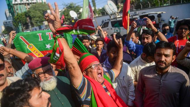 Supporters of Khan's Pakistan Tehreek-e-Insaf (PTI) party protest against the alleged skewing in Pakistan's national election results. Picture: AFP