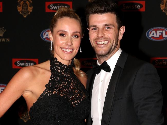 Trent Cotchin and wife Brooke at last year’s Brownlow Medal count. Picture: Tim Carrafa