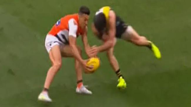 Trent Cotchin and Dylan Shiel come together in the first quarter. Picture: Channel 7