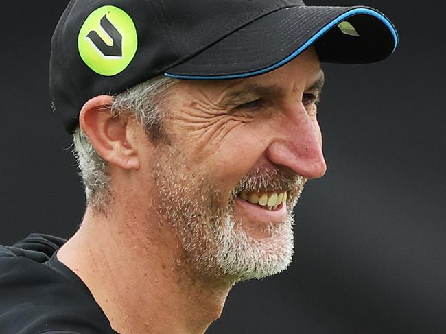 CANBERRA, AUSTRALIA - JANUARY 14:  Strikers Head Coach Jason Gillespie looks on during the BBL match between Sydney Thunder and Adelaide Strikers at Manuka Oval, on January 14, 2024, in Canberra, Australia. (Photo by Mark Metcalfe/Getty Images)