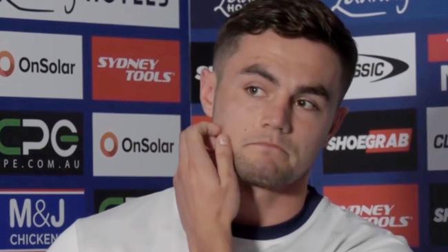 Bulldogs NRL player Kyle Flanagan breaks down at the mid-week press conference, when asked about his Dad's advice after he was benched last weekend. Source - Fox League