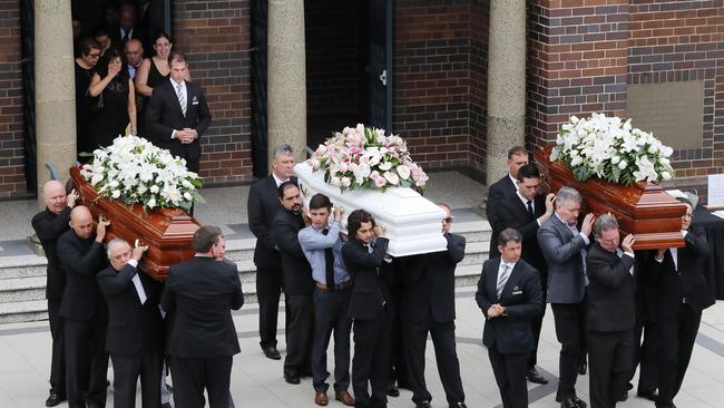 Friends and family at the funeral for Lars, Vivian and Annabelle Falkholt at Concord Today. Picture: David Swift.