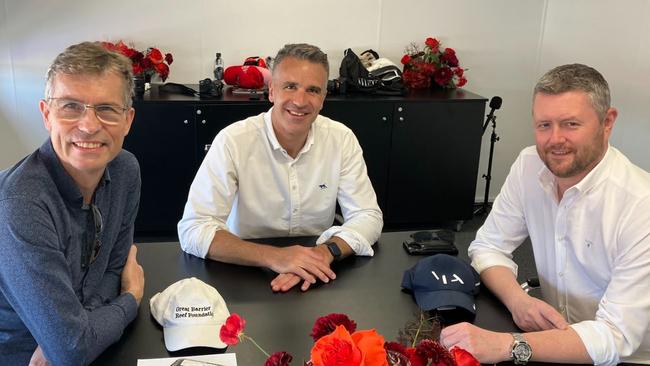 University of Adelaide vice-chancellor and president Professor Peter Hoj, Premier Peter Malinauskas, University of South Australia vice-chancellor and president Professor David Lloyd. Meeting in room at South Australia Suite, VALO Adelaide 500, on Sunday at 4pm. Picture: Paul Starick