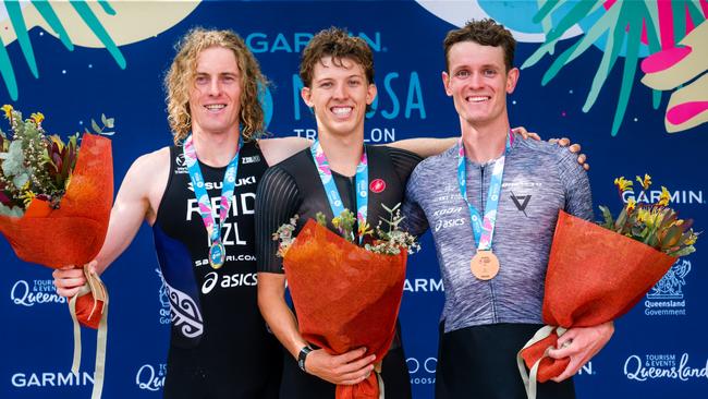 Noosa triathlon winner Brayden Mercer (centre), with New Zealand's Tayler Reid (left, second) and Luke Willian (right, third). Photo: Alex Polizzi