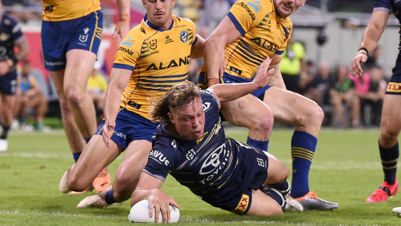 Reuben Cotter scored the Cowboys’ opening try in the preliminary final. Picture: NRL Photos