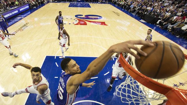 Ben Simmons finishes this one at the rim, but it’s been tough going for him from short range in the early going. Picture: AP