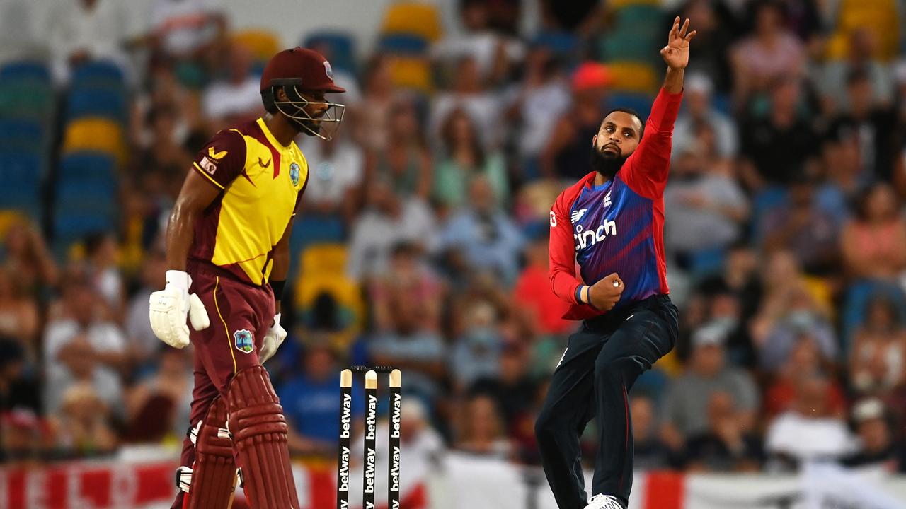 Adil Rashid couldn’t do much to halt the West Indies batting attack. (Photo by Gareth Copley/Getty Images)