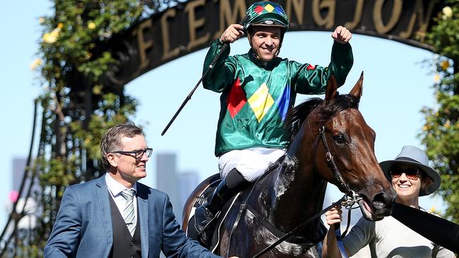 MELBOURNE, AUSTRALIA - FEBRUARY 29: Ryan Maloney riding Alligator Blood celebrates after winning Race 7 the Kennedy Australian Guineas during Melbourne Racing at Flemington Racecourse on February 29, 2020 in Melbourne, Australia. (Photo by Jack Thomas/Getty Images)