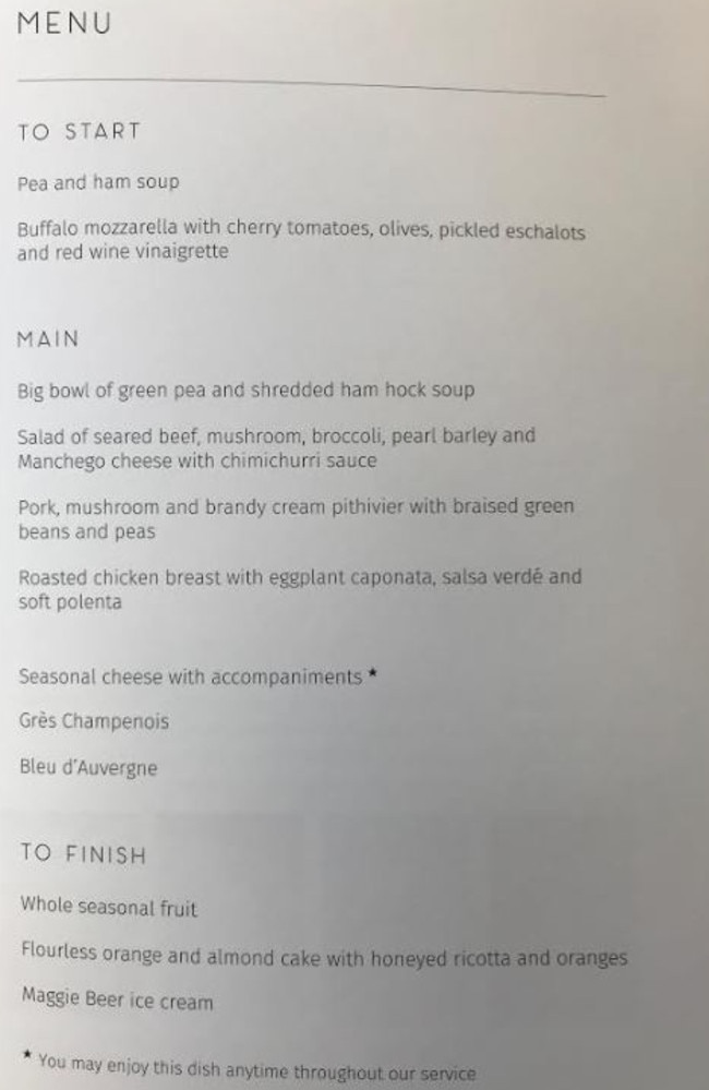 Qantas menu on board a Perth to Sydney flight on Good Friday.