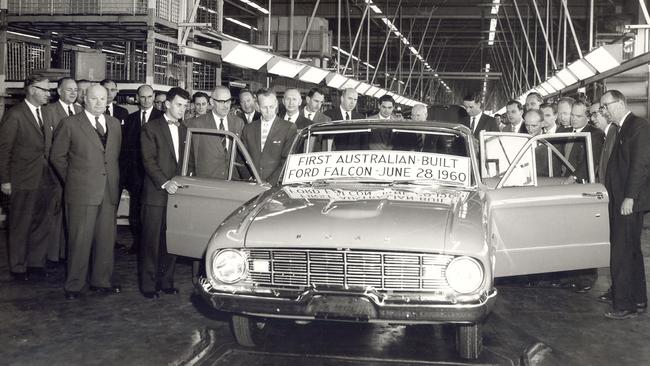 The first Australian-built Ford Falcon rolls off the assembly line at Broadmeadows, Melbourne, 28/06/1960.