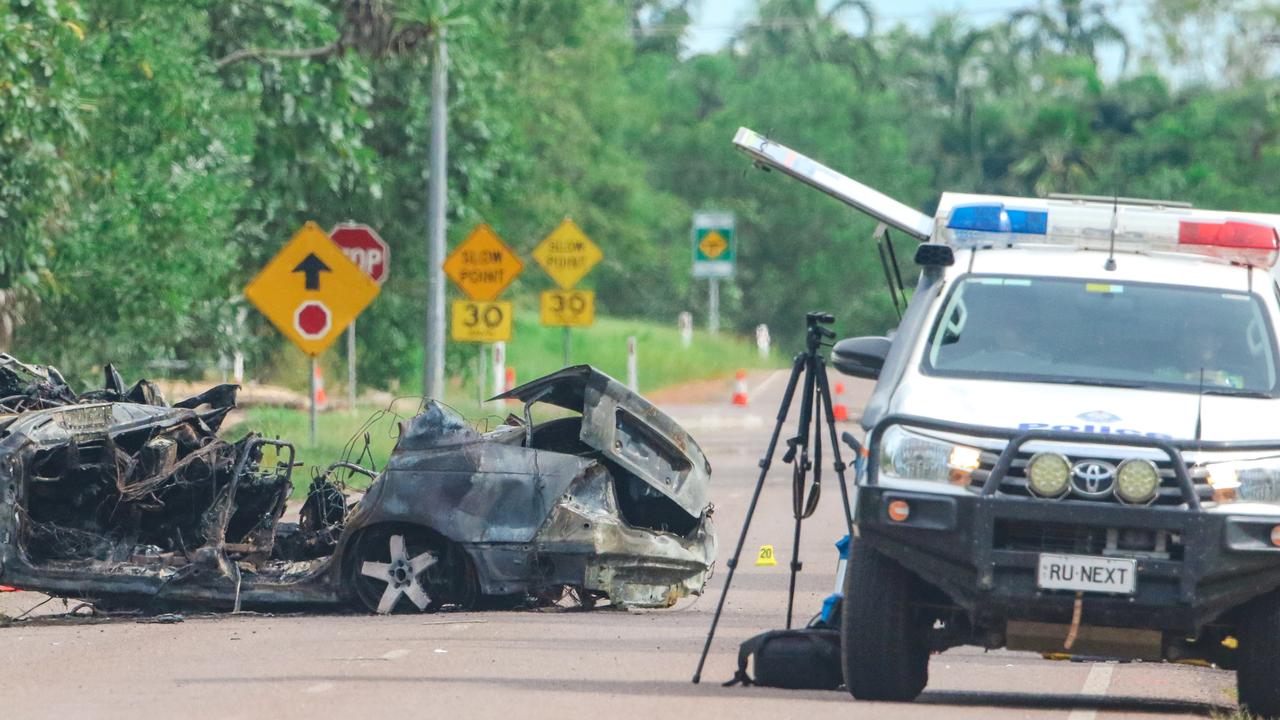 The scene of a fatal car accident on Hillier Rd Howard Springs that claimed the lives of 4 people. Picture: Glenn Campbell