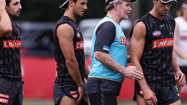 MELBOURNE . 06/02/2023.  AFL.  Collingwood training at Olympic Park.  Former Western Bulldogs coach Brendan McCartney helping out at Collingwood training today  . Pic: Michael Klein