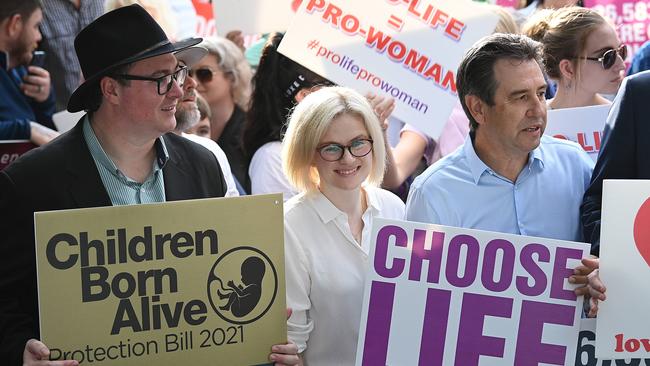 Amanda Stoker and George Christensen, left, at the March For Life rally outside Queensland parliament on Saturday. Picture: Lyndon Mechielsen