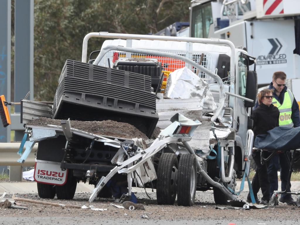 The aftermath of the deadly crane and truck crash in Melbourne. Picture: David Crosling