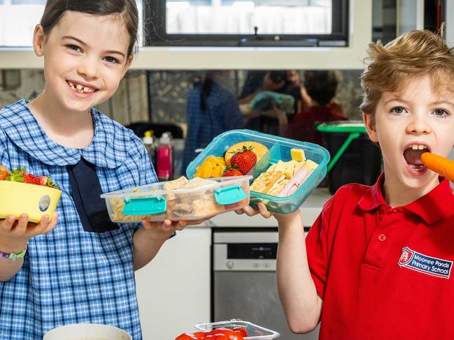 Clinical paediatric dietitian says parents should go easy on themselves when preparing lunch boxes as kids get ready to go back to school on Monday. Cameron Williams helps his kids Dot (7) and Crosby (9) with their lunches. Picture: Jake Nowakowski