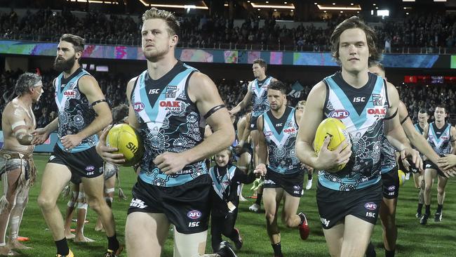 Port Adelaide’s Jared Polec, right, is set to leave Alberton in trade week: Picture: Sarah Reed