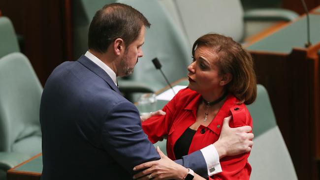 Labor MP's Ed Husic and Anne Aly in the House of Representatives Chamber at Parliament House in Canberra. Picture: Kym Smith