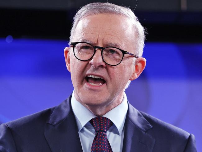 FEDERAL ELECTION TEAM 2022. LABOR BUS TOUR 18/5/22Federal Labor leader Anthony Albanese pictured in Canberra this morning speaking at the National Press Club.  Picture: Sam Ruttyn