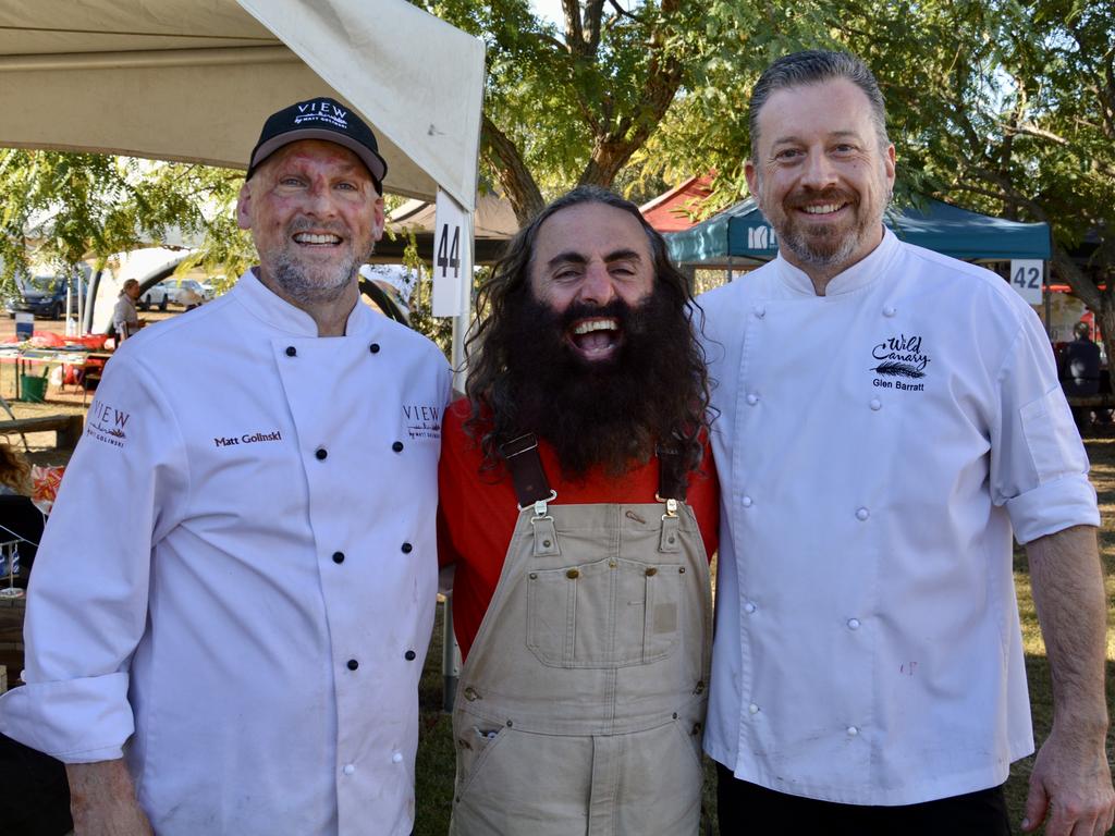 Celebrity chef Matt Golinski, Gardening Australia's Costa Georgiadis and Wild Canary's Glen Barratt at the 2021 St Lawrence Wetlands Weekend. Picture: Rae Wilson