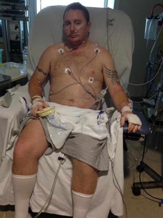 Sen-Constable Luke Weiks in hospital following surgery after being stabbed while on duty Townsville in late 2013. Source: Supplied.