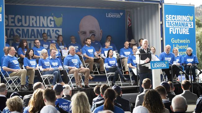 Premier Peter Gutwein addresses the Liberal party’s campaign launch at Robbies, in Rokeby. Picture: Chris Kidd