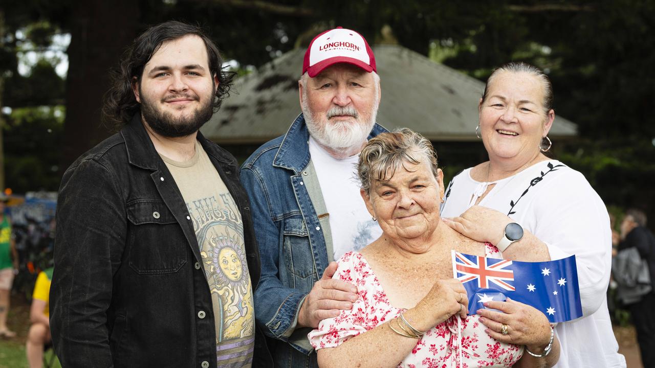 Toowoomba Citizen of the Year award recipient Sue Waters with family (from left) Ruben Sellar, Gordon Waters and Jemima Sellar after the Toowoomba Australia Day celebrations at Picnic Point, Sunday, January 26, 2025. Picture: Kevin Farmer