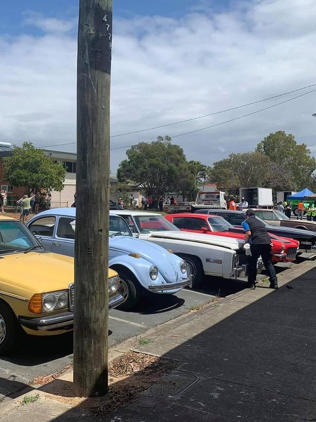 Vintage cars on the set of Young Rock at Bells Pocket Road, Strathpine on Wednesday. Picture: Instagram/ @kirstyswaxtothemax