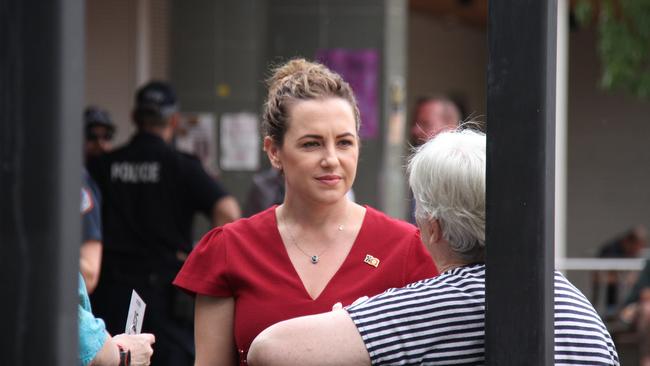 Northern Territory Chief Minister Lia Finocchiaro chats with Alice Springs residents during coffee with a cop, held at the Locals Cafe, Alice Springs, December 27, 2024. Picture: Gera Kazakov