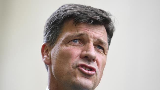 Australian Energy Minister Angus Taylor speaks to the media during a press conference at Parliament House in Canberra, Monday, April 1, 2019. Australian Energy Minister Angus Taylor and Australian Environment Minister Melissa Price responded to the Labor parties' Climate Change Action Plan announcement, (AAP Image/Lukas Coch) NO ARCHIVING