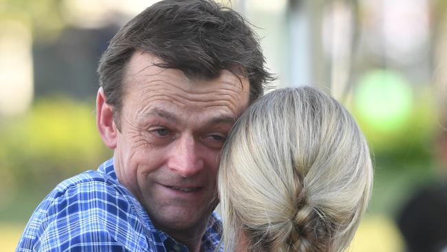 Adam Gilchrist with Laura Symonds after the memorial service for Andrew Symonds. Picture: Evan Morgan