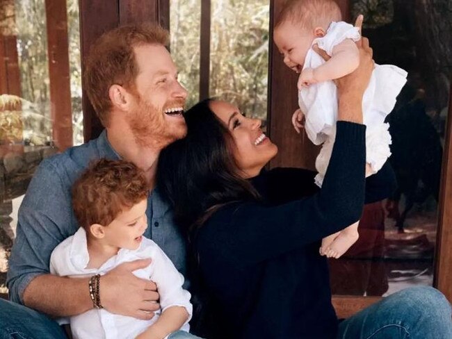 Harry and Meghan pose for their Christmas card with Archie and Lilibet. Picture: ALEXI LUBOMIRSKI/The Times