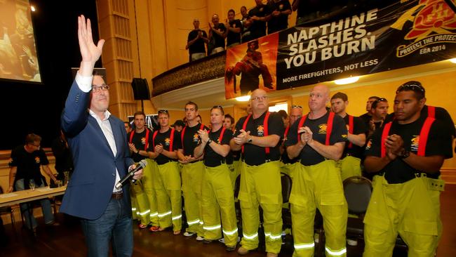 Daniel Andrews campaigning with fire fighters at the Collingwood Town Hall in 2014. Picture: Hamish Blair