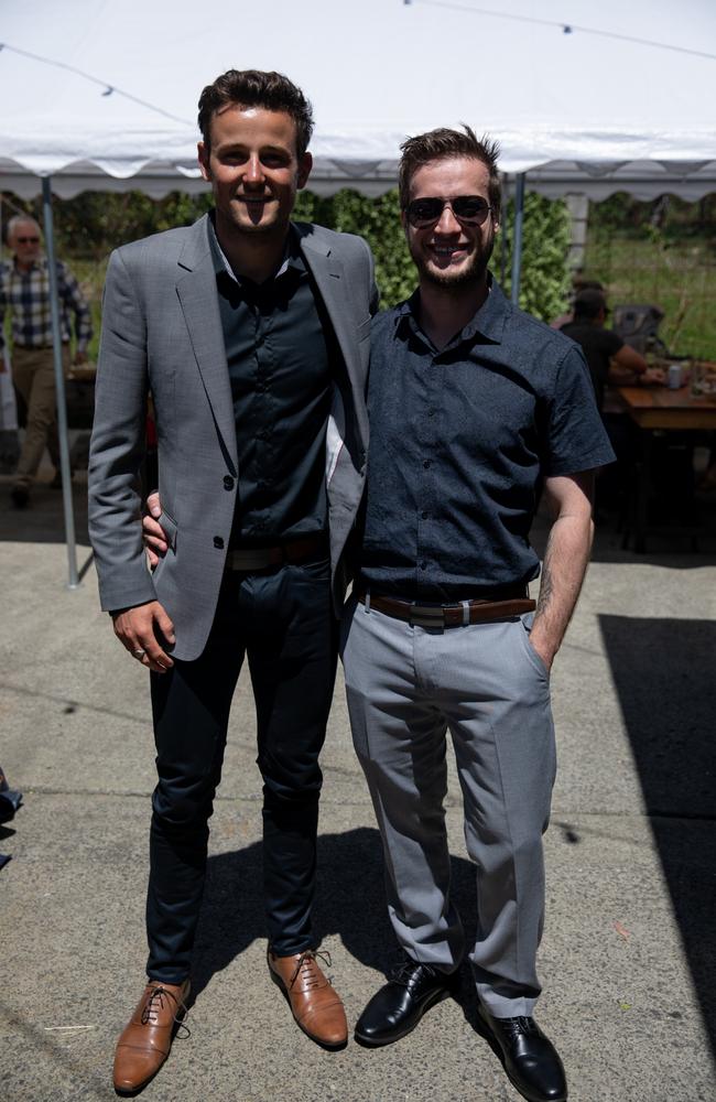 Dayne Spalding, left, with Troy Whittington from Huskisson at Flamin Galah Brewery in Huskisson for Melbourne Cup Day. Picture: Nathan Schmidt